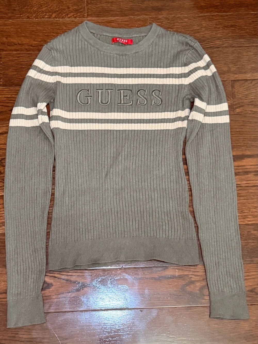 GUESS Olive Green Ribbed Sweater with Cream Stripes Size Small